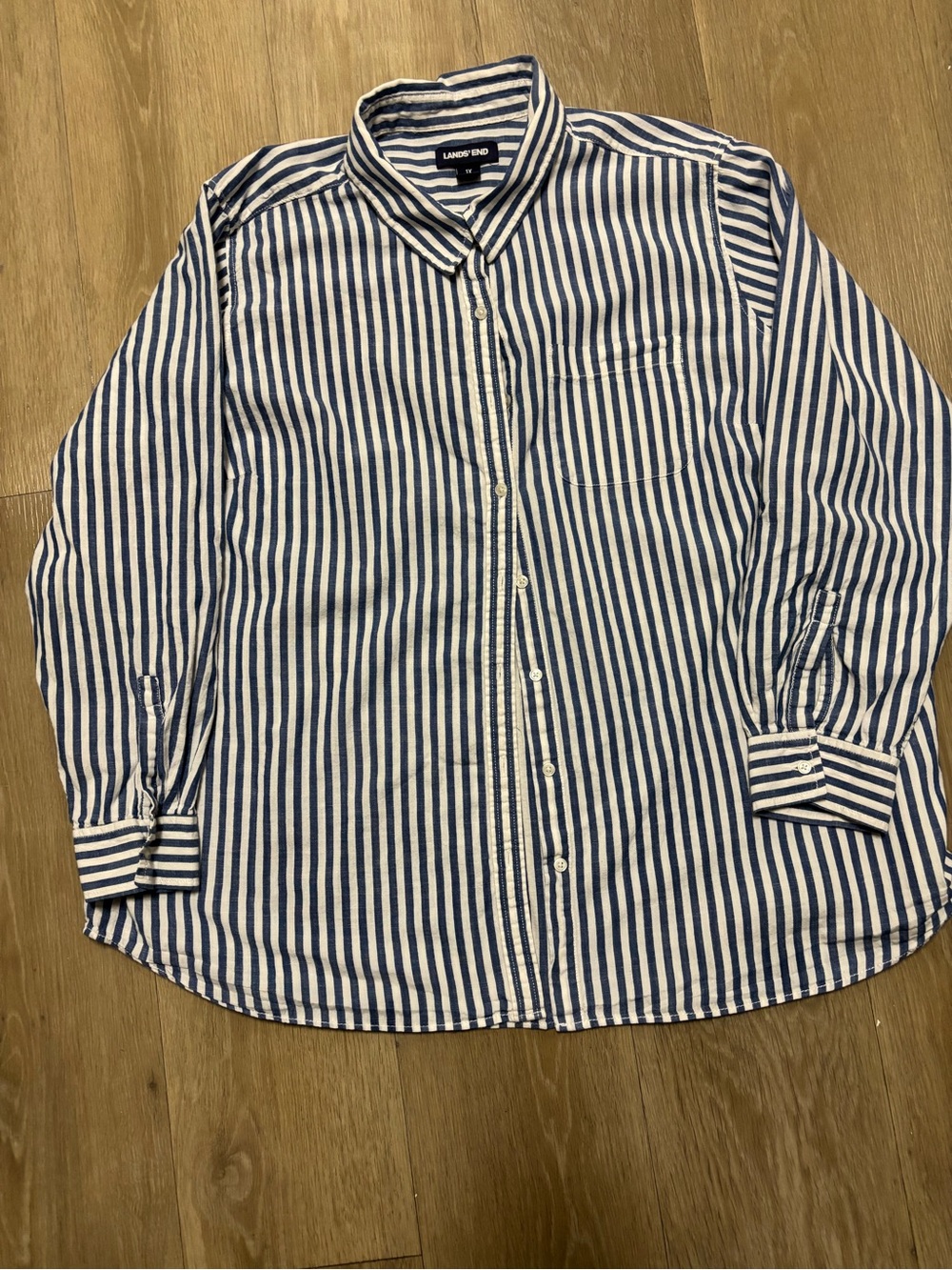 Lands' End Navy and White Vertical Stripe Men's Button-Down Shirt - Picture 2 of 5